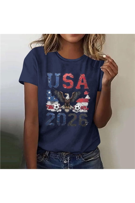 Women's Tops 2026 USA-Canada-Mexico Print Round Neck Short-Sleeve Top Navy Size M