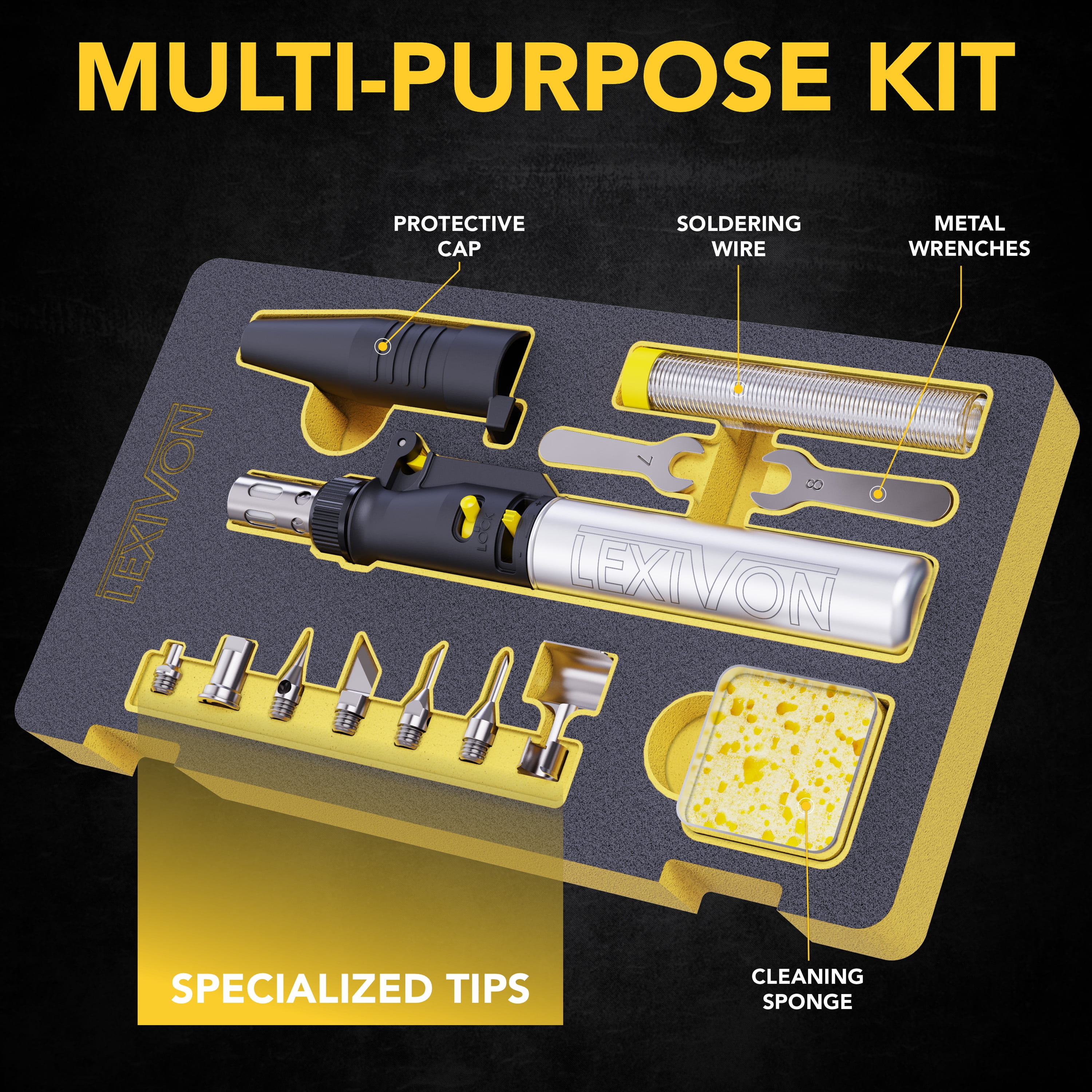 LEXIVON Cordless Soldering Iron Kit with 7 Tips, Adjustable Flame and Self-Igniting Trigger 125W