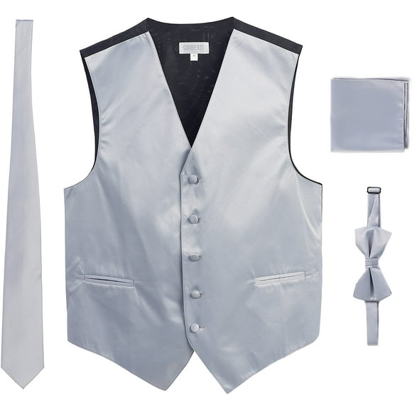 Gioberti Mens Formal 4pc Satin Vest Necktie Bowtie and Pocket Square