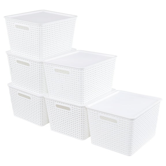 Callyne 6-Pack Large Stackable Plastic Storage Baskets with Lids, White Lidded Storage Bin for Shelves, Closet, Pantry