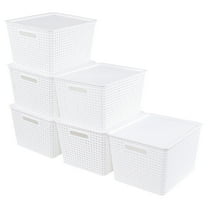 Callyne 6-Pack Large Stackable Plastic Storage Baskets with Lids, White Lidded Storage Bin for Shelves, Closet, Pantry
