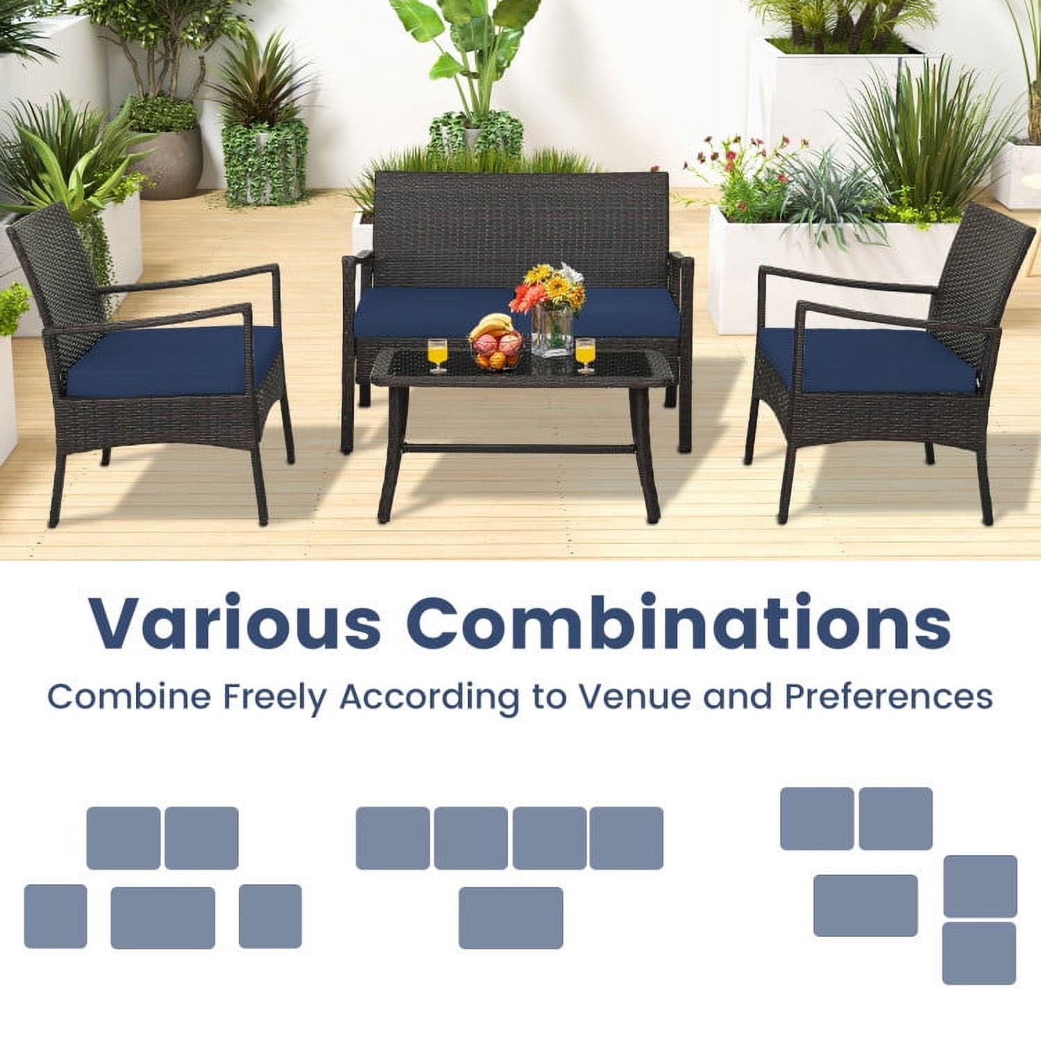 Aimee Lii 4 Pieces Rattan Conversation Set, Patio Table and Chairs Set, Outdoor Patio Set with Tempered Glass Coffee Table, Navy Aimee Lii 4 Pieces Rattan Conversation Set, Patio Table and Chairs Set, Outdoor Patio Set with Tempered Glass Coffee Table, Navy