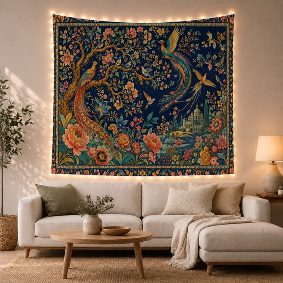 Ornate Peacocks in an Enchanted Garden, Whimsical Folk Art for Nature Lovers, Botanical Wall Art Decor, Birthday Gift Tapestry Wall Hanging for Bedroom and Living Room