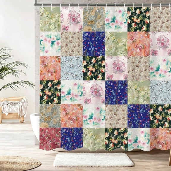 72x72in Vintage Boho Floral Patchwork Shower Curtain for Bathroom Decor