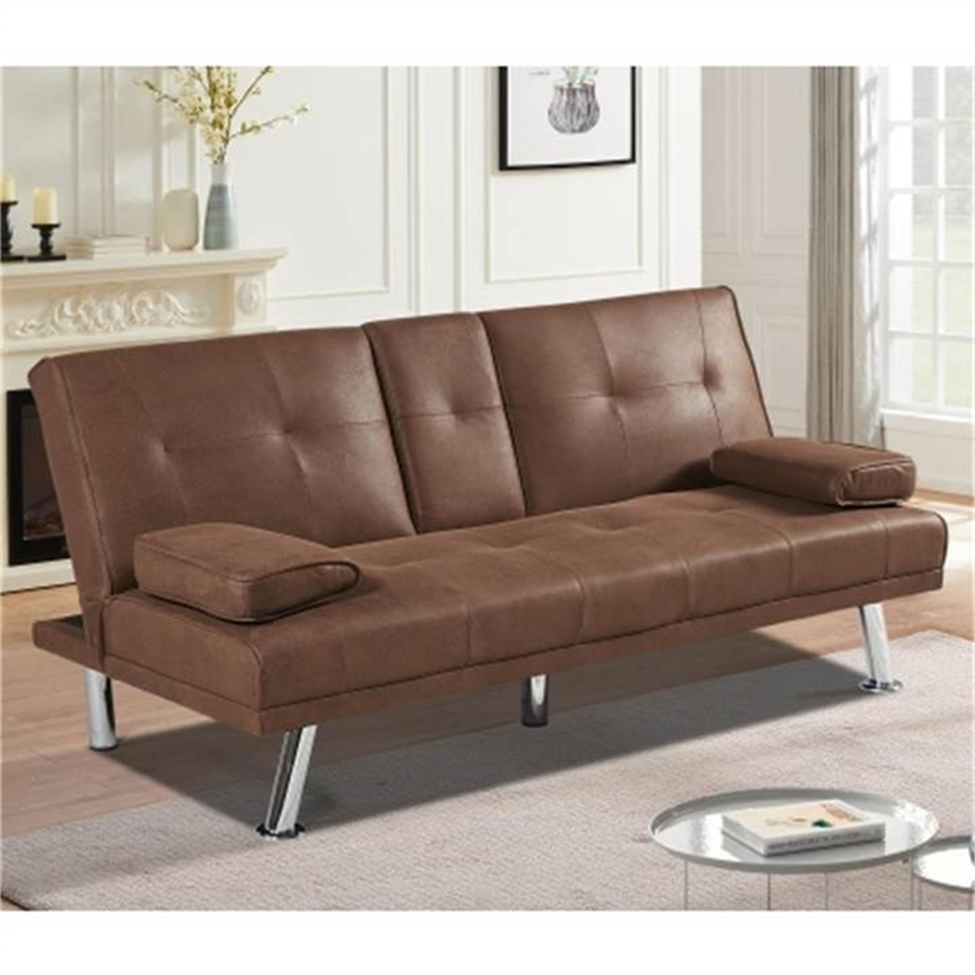 Kadyn Futon Sofa Bed, Bronzing Suede Sofa Bed with Cupholders and Pillows, Convertible Futon Folding Sleeper Sofa for Living Room, Coffee Kadyn Futon Sofa Bed, Bronzing Suede Sofa Bed with Cupholders and Pillows, Convertible Futon Folding Sleeper Sofa for Living Room, Coffee