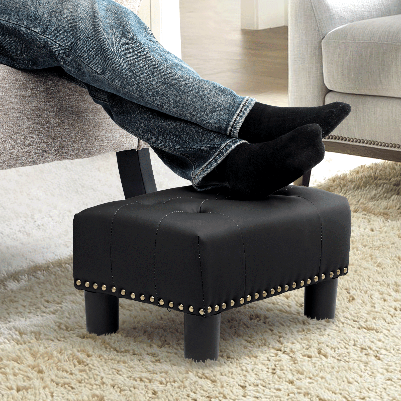 MoNiBloom Footstool Ottoman with Padded Seat, Modern PU Leather Footrest, Rectangular Seat Stool, Black