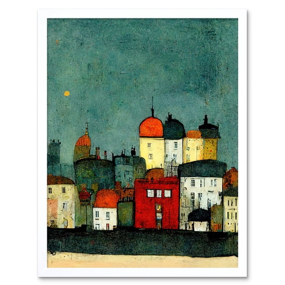 Playful Town Skyline Scene At Night With Pastels And Ink Art Print Framed Poster Wall Decor 12x16 inch