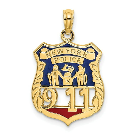 FB Jewels 14K Yellow Gold New York Police 911 Badge with Red and Blue Enamel Pendant