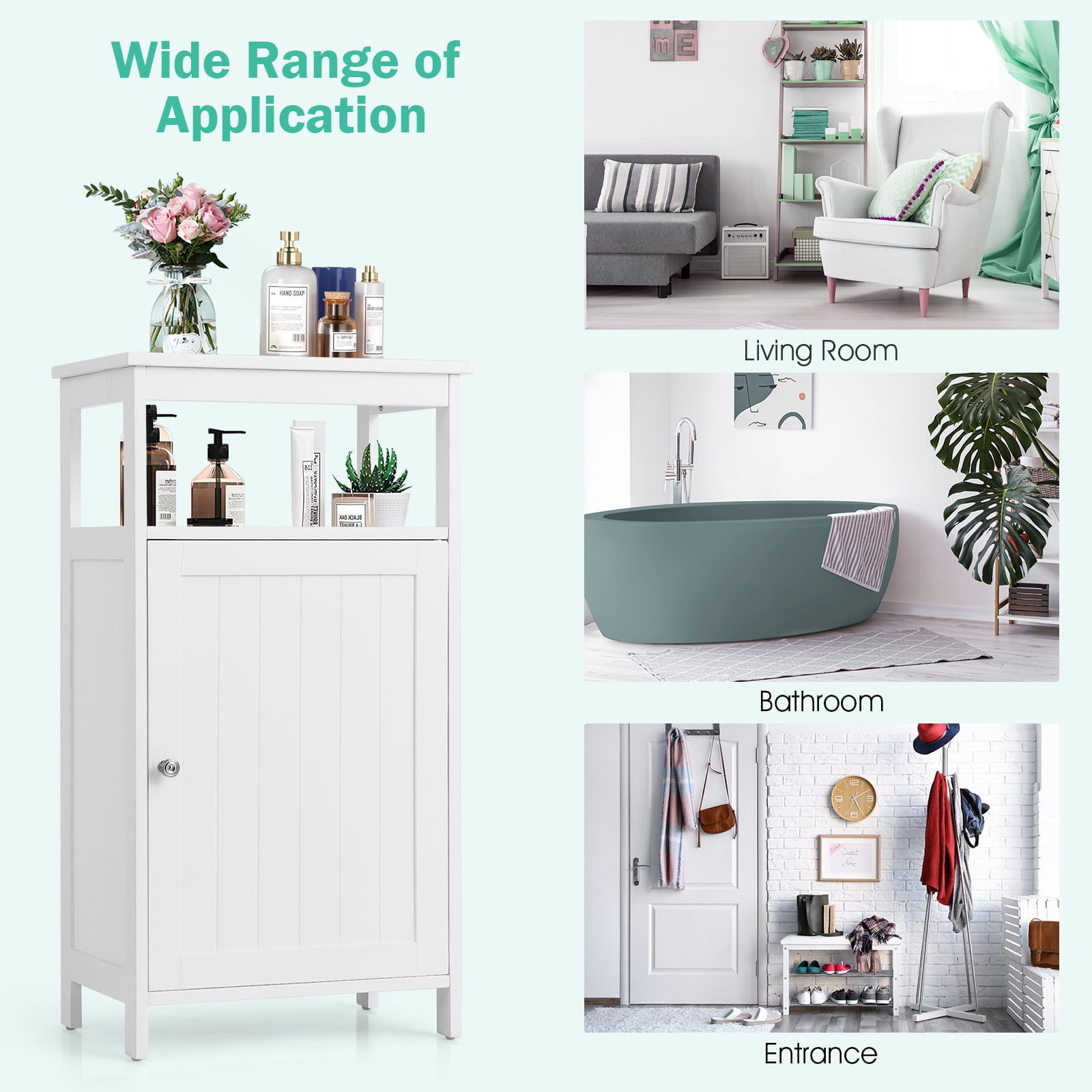 Costway Bathroom Wooden Floor Cabinet Multifunction Storage Rack Organizer Stand White