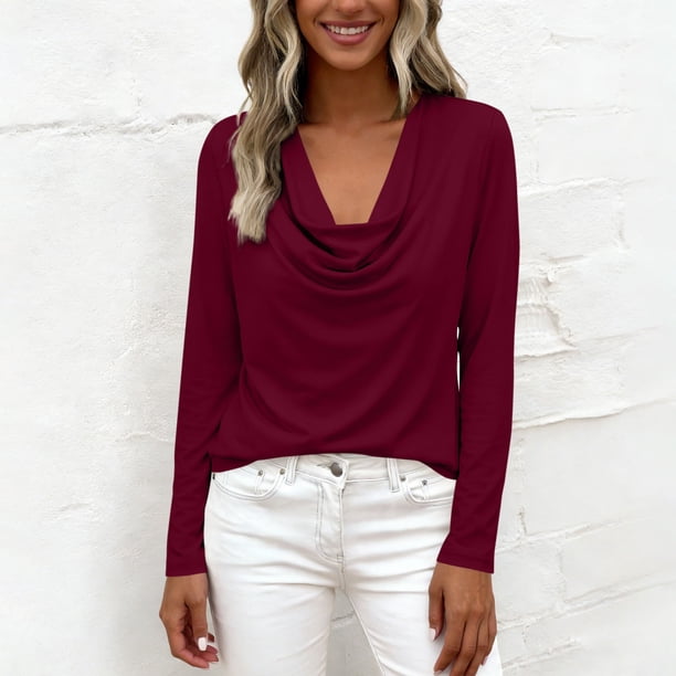 TaTaai Women's Casual Cowl Neck Shirt Long Sleeve V-Neck Draped Front Solid Color Blouse Flowy Soft Stretchy Lightweight Spring Summer Daily Beach Wear Gift