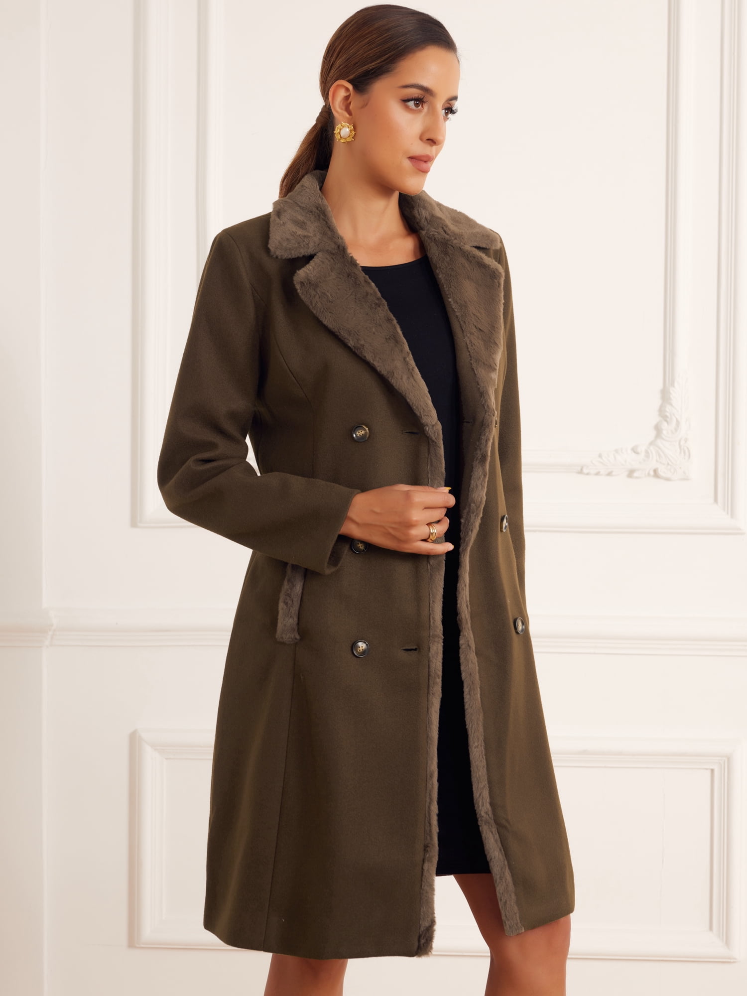 DARING DIVA Women's Winter Coat Faux Fur Collar Double Breasted Long Warm Coats S Dark Brown