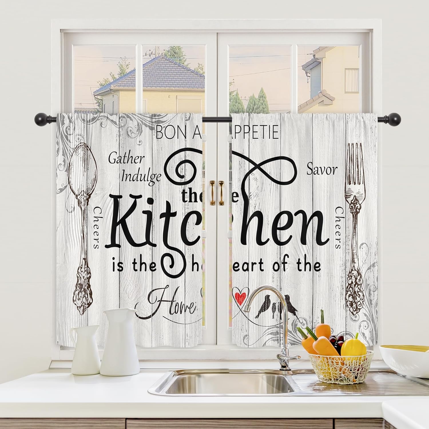 Kitchen Curtains and Valances 3 Piece Set Rod Pocket 36 Inch Short Rustic Black White Farmhouse Country Bedroom Living Room Treatment Fabric