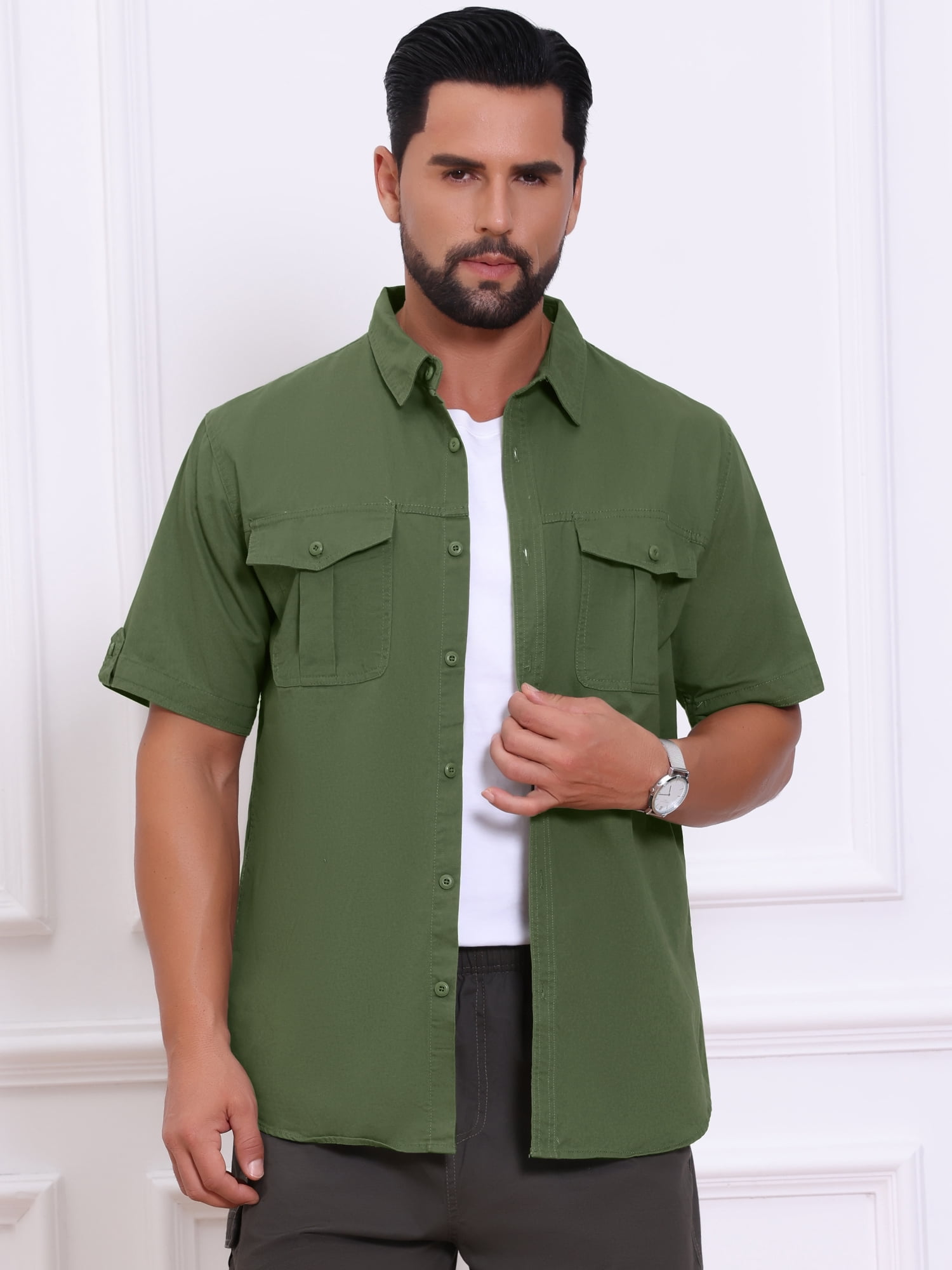 DARING DIVA Men's Fishing Shirt Summer Short Sleeve Hiking Cargo Shirts S Olive Green