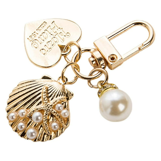 Jinsinto Faux Pearl Keychains Metal Heart Shell Key Chain Charms Key Ring Pendants Handbag Decorations 2pcs