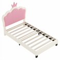 thumbnail image 4 of Lit de Princesse Rembourré Format Simple avec Tête de Lit en Forme de Couronne, Lit Plateforme Format Simple avec Tête de Lit et Pied de Lit, Crème+rose, 4 of 10