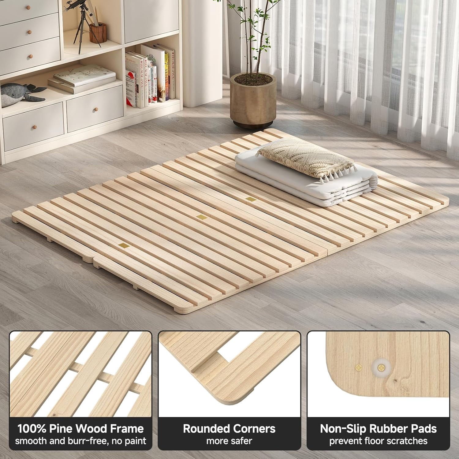 SLSY Wooden Folding Slat Bed Frame,Floor Bed Frame, Suitable for Japanese-Style Floor Mattresses, Solid Pine Wood Bed Frame, Moisture-Proof Tatami Bed Board, Guest Tatami, Japanese Bed Frame.