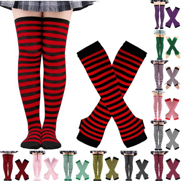 FchengtaiS Womens Striped Knee High Socks Long Knitted Arm Warmers Fingerless Gloves Set for Halloween Costume