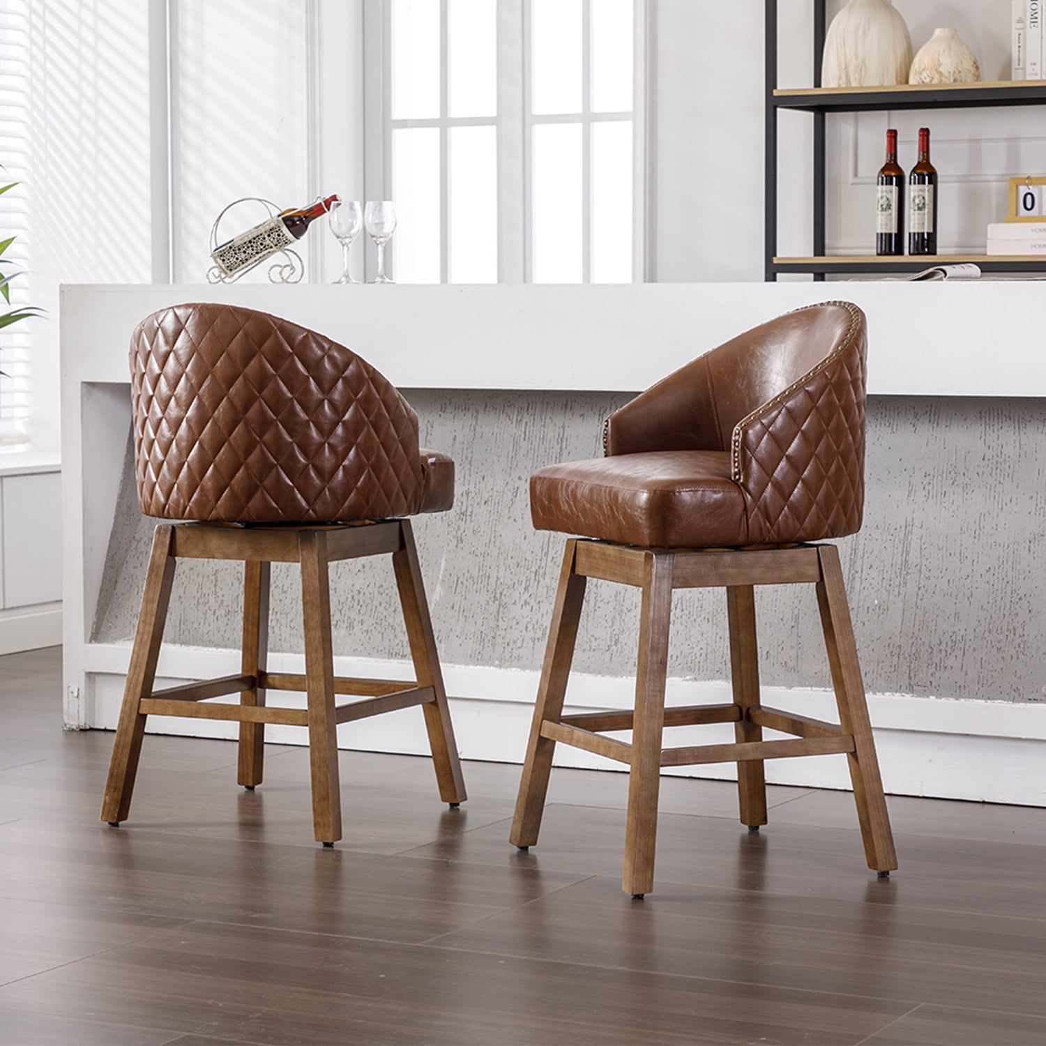 Demi Bonn 39" Counter Height Bar Stools Set of 2, PU Leather Upholstered Swivel Barstools with Backrest, Kitchen Island Countertop Chairs for Dining Room, Brown