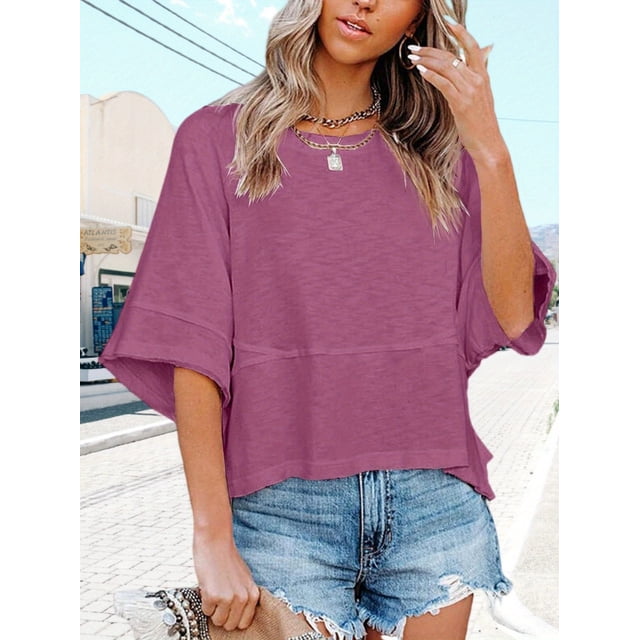 QUTETN Women's Batwing Sleeve T-Shirts Summer Loose Fit Casual Basic Top