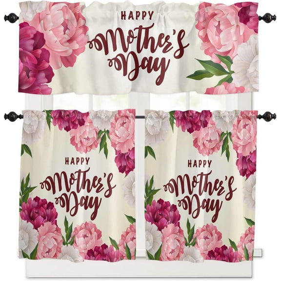 Kitchen Curtains and Valances Set, Pink Flower Happy Mother''s Day Curtains Tier Farmhouse Rod Pocket Half Window Curtain 24 Inch Length, 3 Piece Kitchen Curtain Set