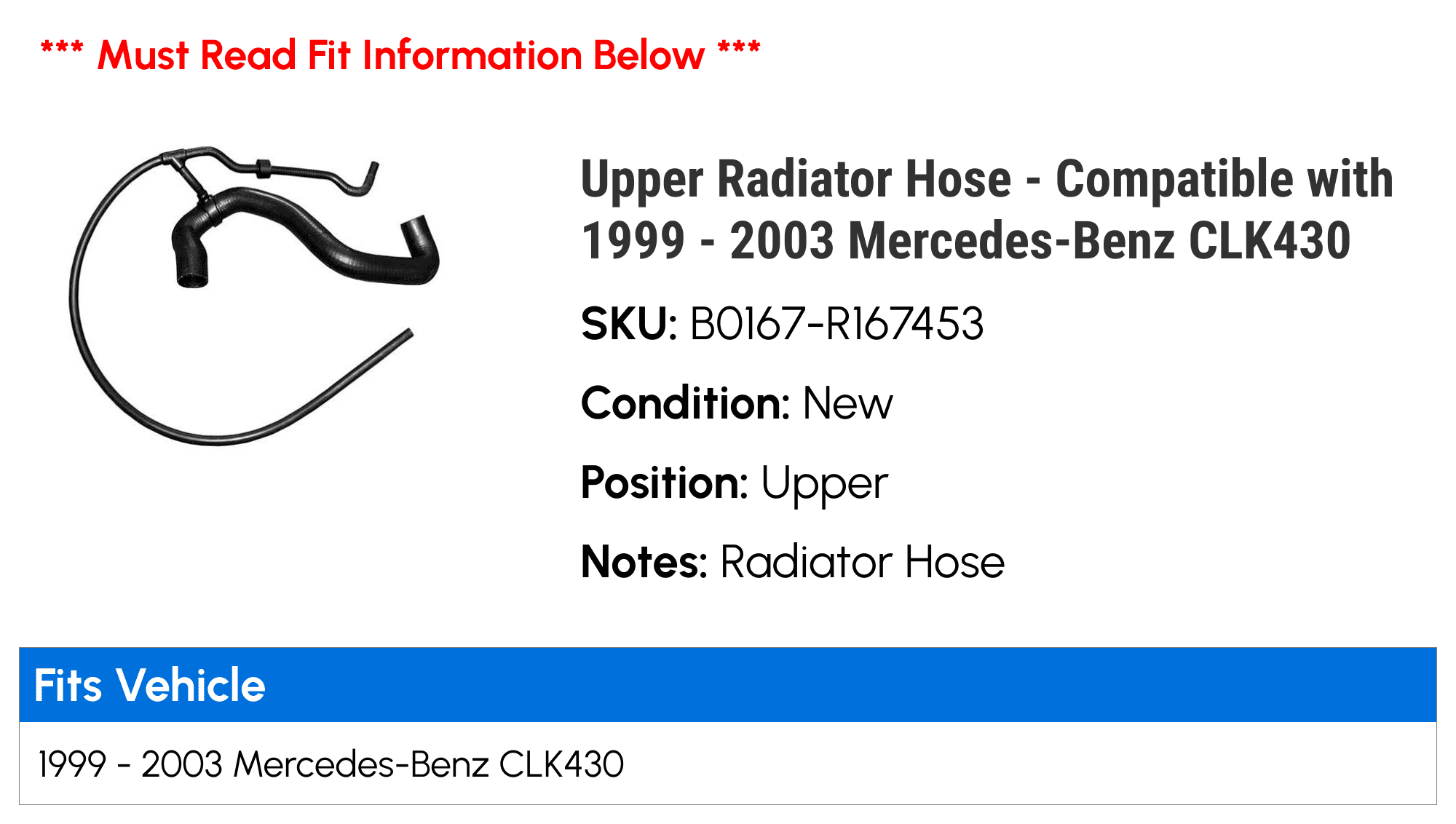 Upper Radiator Hose - Compatible with 1999 - 2003 Mercedes-Benz CLK430 2000 2001 2002