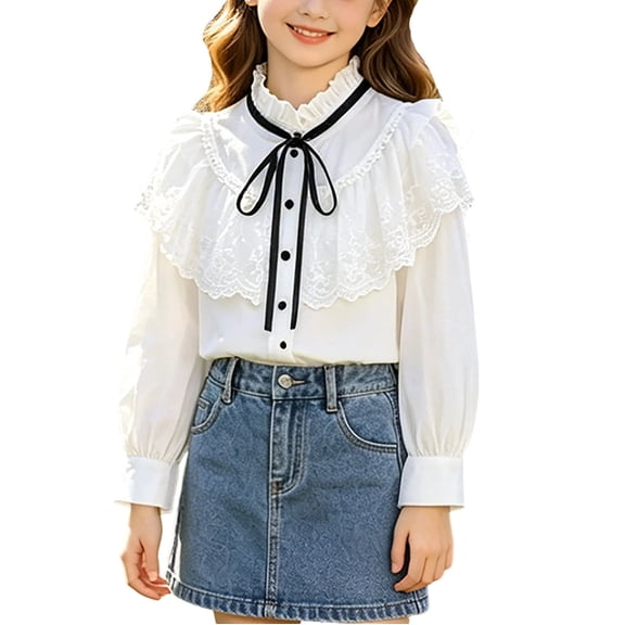 Hduncf Girl's Long Sleeved Shirt with Cute Lace Ruffle Collar Casual Sheer Mesh Button Up Blouse School Outfits White 11-12 Years