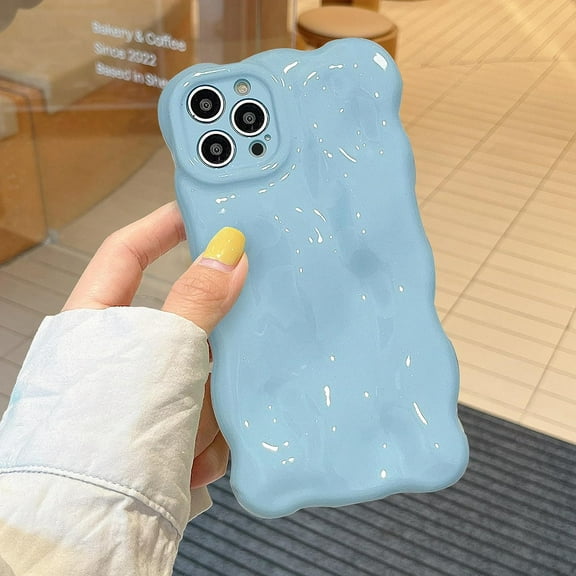 for iPhone 12 Pro Max Case 6.7 Inch Cute Wave Pattern Aesthetic Phone Case 3D Curly Wavy Shape Plating Glitter Bling for Women Girls Soft Bumper Silicone Shockproof Case, Cream Blue