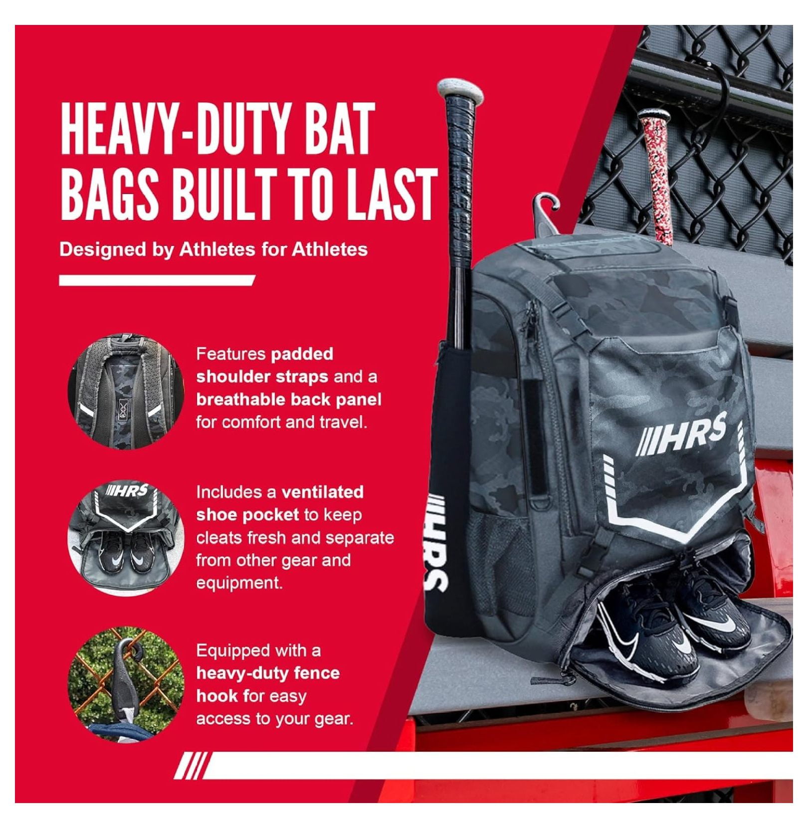 Baseball Bag, Softball Bat Bag for Youth & Adult. Holds 4 Bats, Glove, Water Bottle, Shoe Compartment, Helmet, Fence Hook for Equipment & Gear