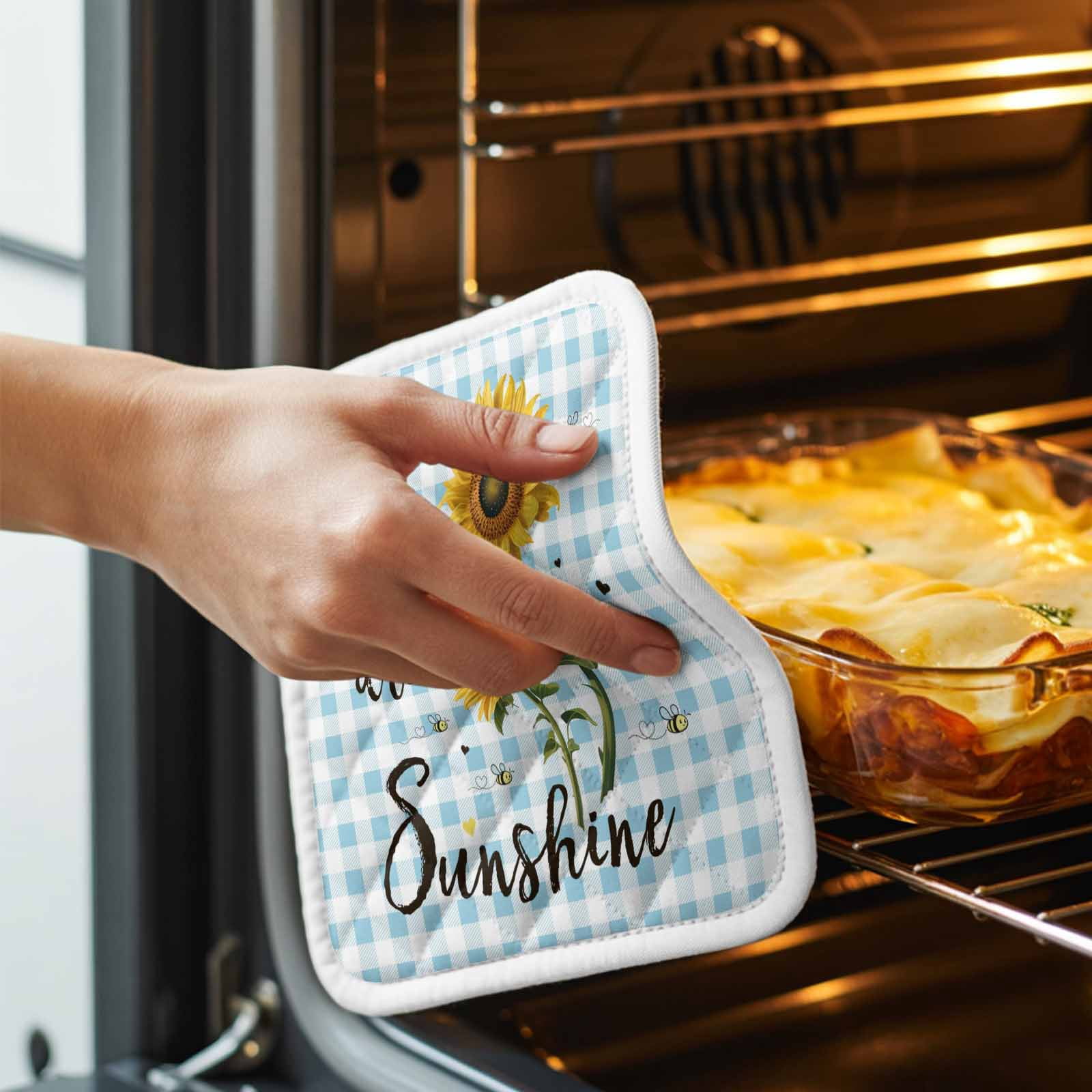 Sunflower Pot Holders for Kitchen Heatproof Potholder, 4 Pack Blue Plaid Farmhouse You Are My Sunshine Hot Pads Multipurpose Oven Pads Cloth Potholders Trivet for Cooking and Baking