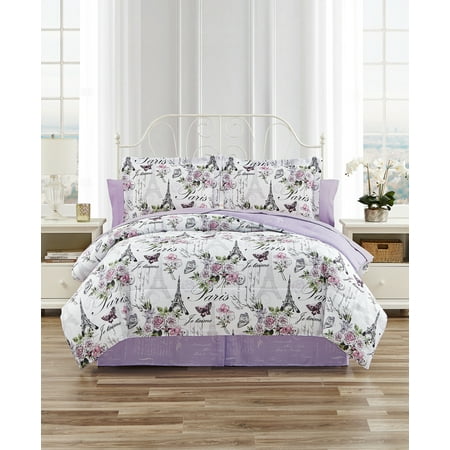 CEDAR COURT Paris Floral Lilac Ultra Soft Microfiber 8 Piece Reversible Comforter Bedding Set - King