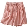 thumbnail image 2 of Cotton Linen Shorts for Women Summer Casual Lightweight Elastic Waist Wide Leg Loose Flowy Shorts with Pockets, 2 of 3