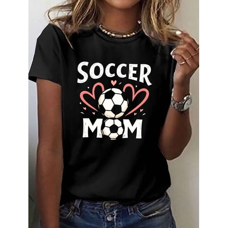 Women's Soccer Mom T-Shirt Cute Heart Graphic Sports Fan Short Sleeve Casual Tee Retro Style Black Top