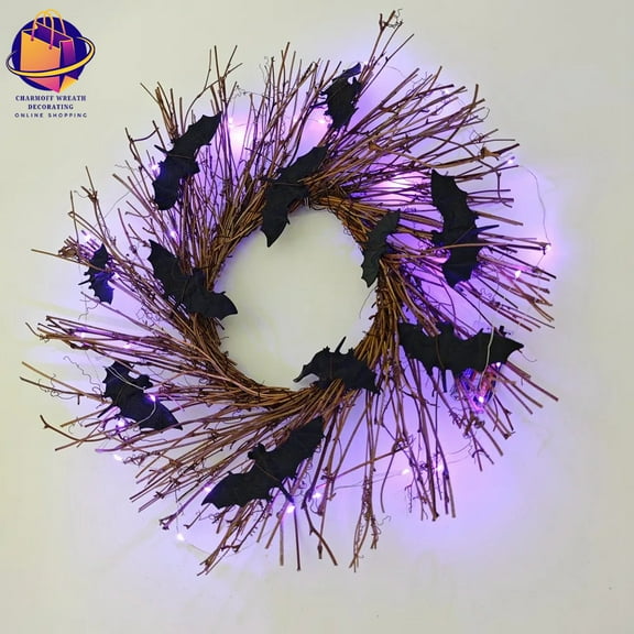 Halloween Wreath For Front Door Simulation Black Bat Garland Rattan Wreath Halloween Decoration For Haunted House Bar Party Prop