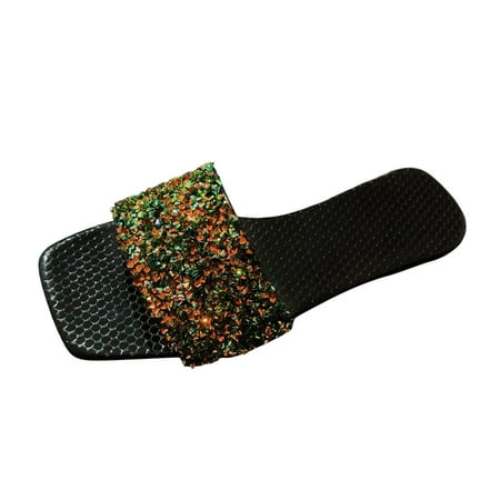 

Youmylove Women Slide Slippers Fashion Summer Leather Sequin Decoration Square Toe Open Toe Flat Slippers Leisure Ladies Cozy Daily Walking