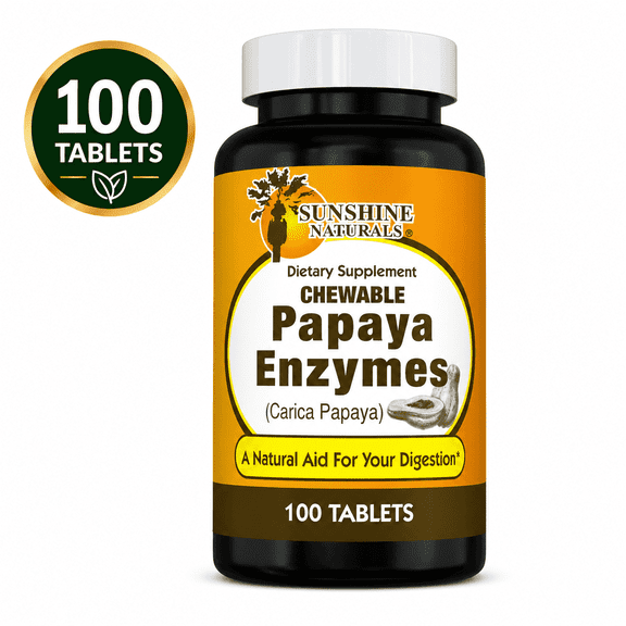 Sunshine Naturals Papaya Enzyme Chewable Tablets with Papain, Digestive Enzyme Supplement for Digestive Support, Helps Digest Proteins, 100 Tablets