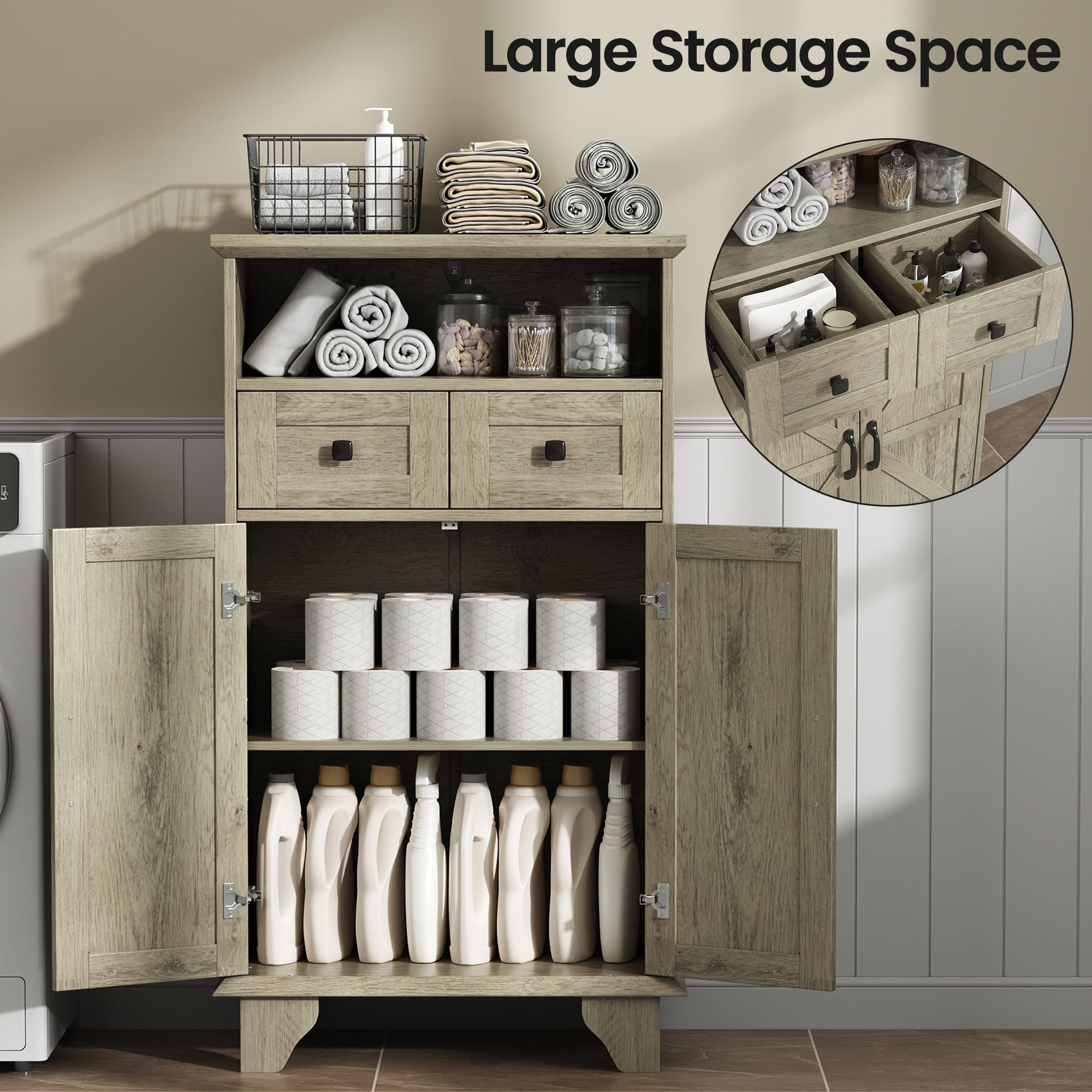 Farmhouse Bathroom Storage Cabinet, Freestanding Bathroom Floor Cabinet with Doors and Drawers, 41.3" H Bathroom Organizer with Adjustable Shelf, Gray