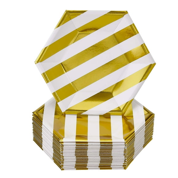SILVER SPOONS DISPOSABLE SIDE PLATES | 24 pc | made of Heavyweight Paper Materials | Stripe - Gold | 7.5"