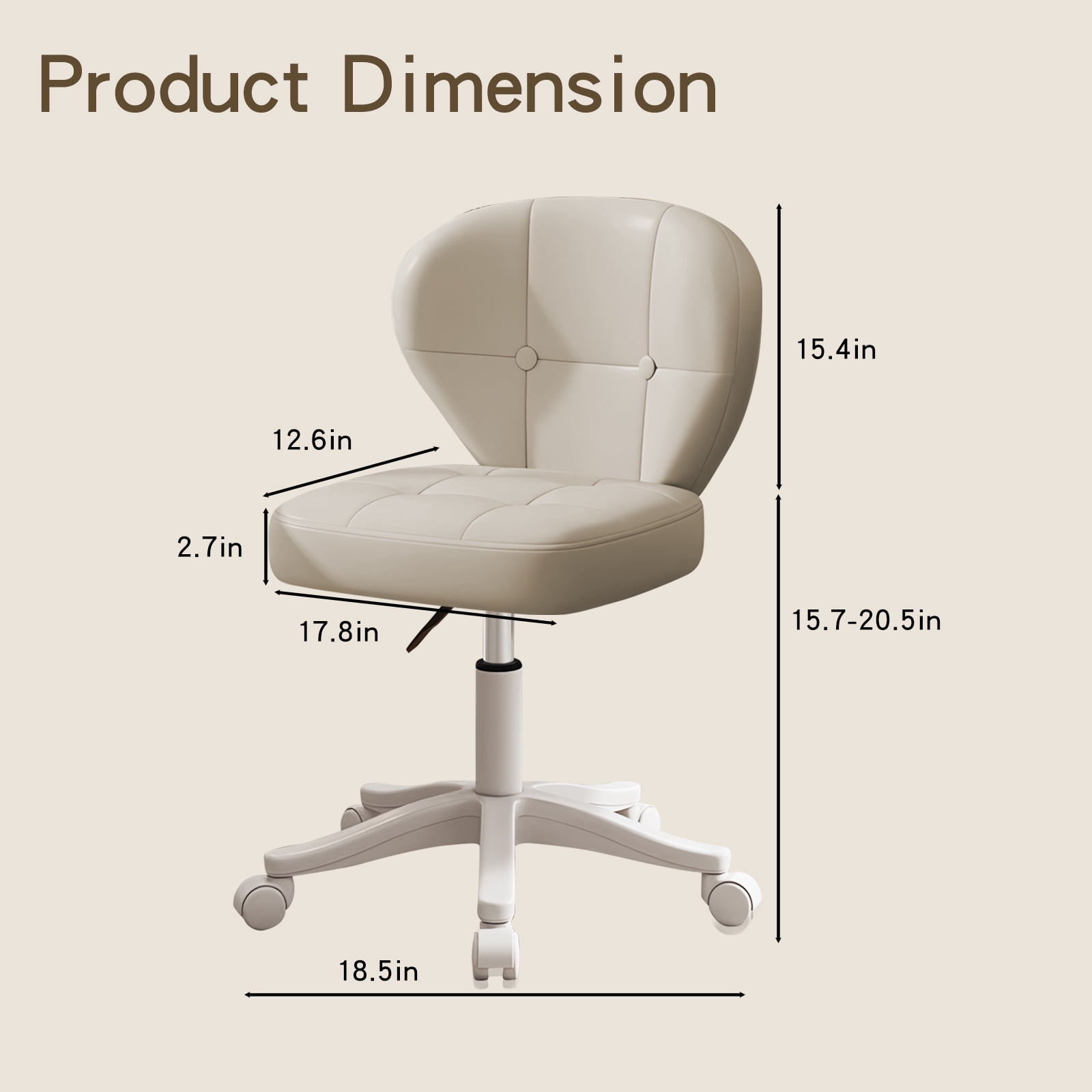 Vanity Chair with Back – Small Armless Office Chair with Wheels, Lumbar Support, PU Leather, Adjustable Height, 360° Swivel for Home, Bedroom, Office White