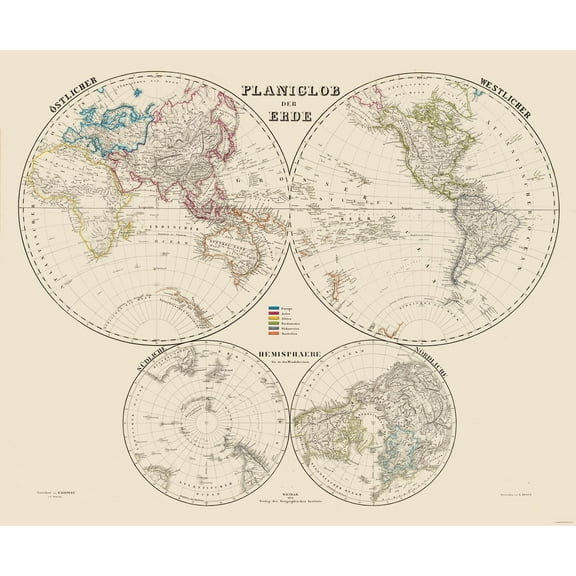 Historic Map - World Hemispheres - Weimer 1856 - Vintage Wall Art