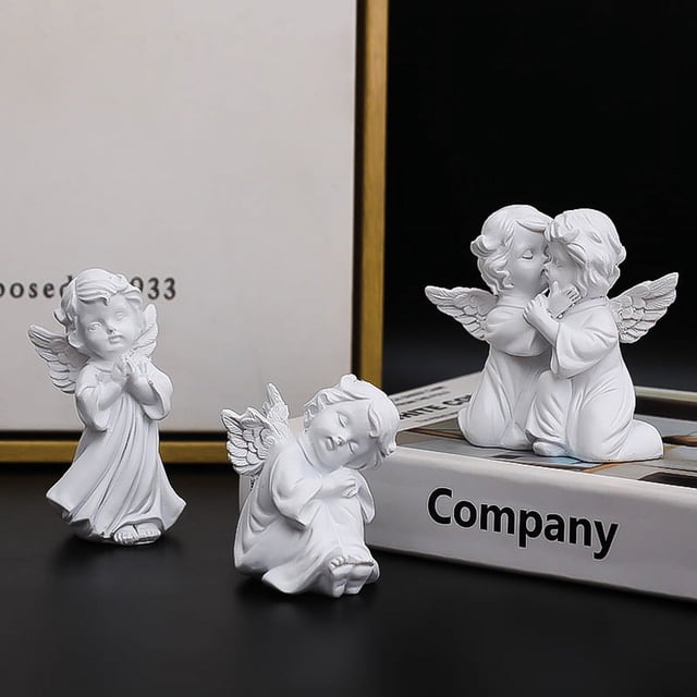Escultura de resina con forma de corazón de niña, joyería de ángel de hadas de flores blancas puras, decoración pequeña de escritorio para niña linda