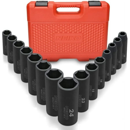 NEIKO 02474A 1/2" Impact Socket Set, 15 Piece Metric Socket Set 10-24 mm, Deep Sockets, 6 Point, 1/2” Drive Sockets for 1/2" Impact Wrench, Chrome Vanadium Cr-V