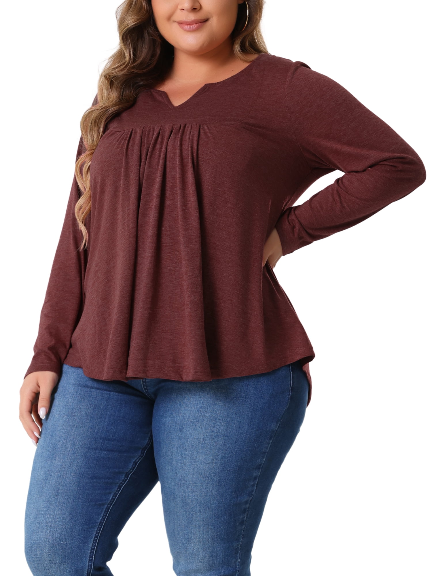 DARING DIVA Women's Plus Tops Notched Neck Front Pleated T-Shirt Blouses 1X Burgundy