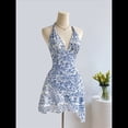 thumbnail image 4 of Vestido Bohemio con Estampado Floral, Sin Mangas, Espalda Descubierta, Escote en V Profundo, Volantes y Espalda Descubierta Azul L, 4 of 9