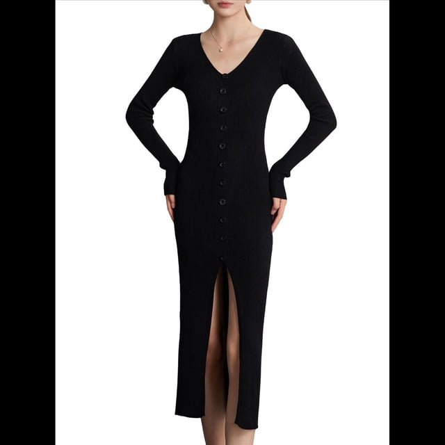 Vestido Tipo Suéter con Cuello en V, Abertura Frontal y Botones Acanalados para Mujer Negro XL