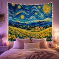 thumbnail image 2 of Sunflowers in a Field under Swirling Stars, Dreamy Illustration for Flower Lovers, Floral Night Decor, Housewarming Gift, Tapestry Wall Hanging for Bedroom and Living Room, 2 of 7