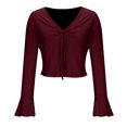 thumbnail image 3 of TKLPEHG Womens Blouses Dressy V-Neck Short Slim Drawstring Knit Top Lightweight Fall Tops Solid Color Comfy Long Sleeve T Shirt Fashion Casual Blouses Pullover (Wine,M), 3 of 5