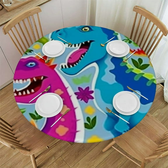 Colorful Dinosaur Round Fitted Tablecloth with Elastic Edged Wipeable Table Cloth for Kitchen Dining Party(Dinosaurs Egg)
