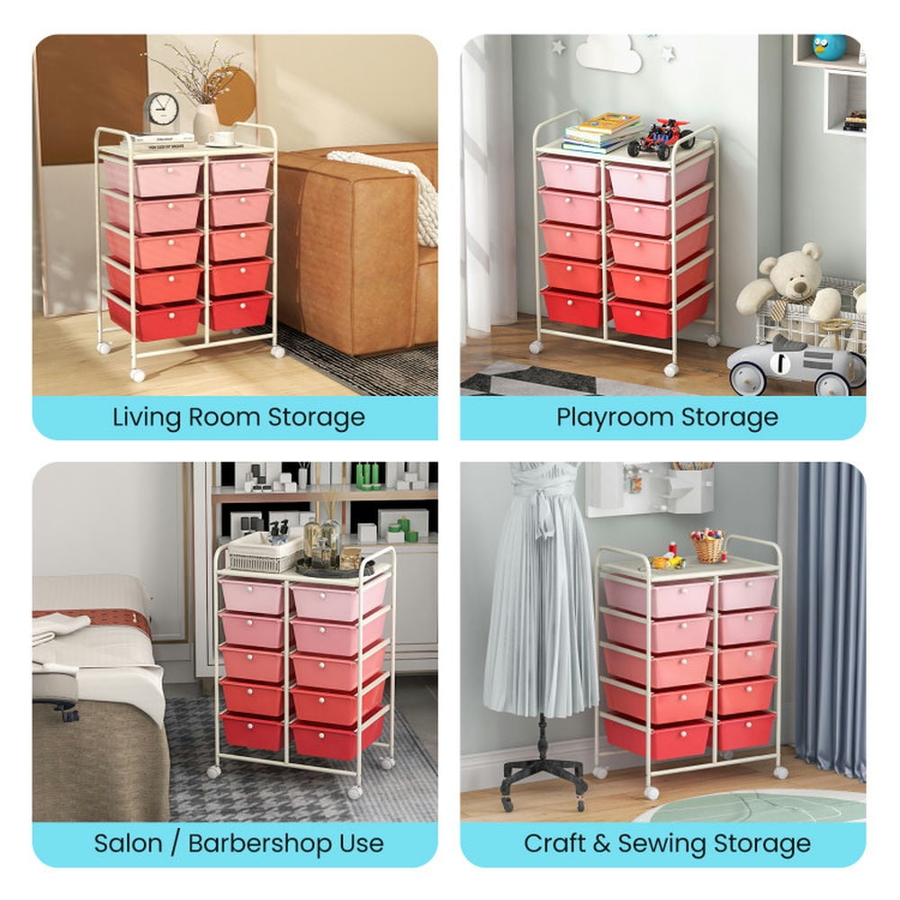 Demi Bonn 10-Drawer Rolling Storage Cart Multi-Use Storage Bin Organizer Rolling with 4 Universal Casters, Gradient Pink