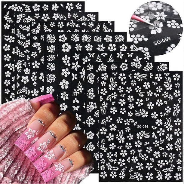 8 Sheets Flowers Nail Stickers - White Flower Nail Decals 3D Self Adhesive Nail Art Supplies White Floral Cherry Blossoms Floret Five