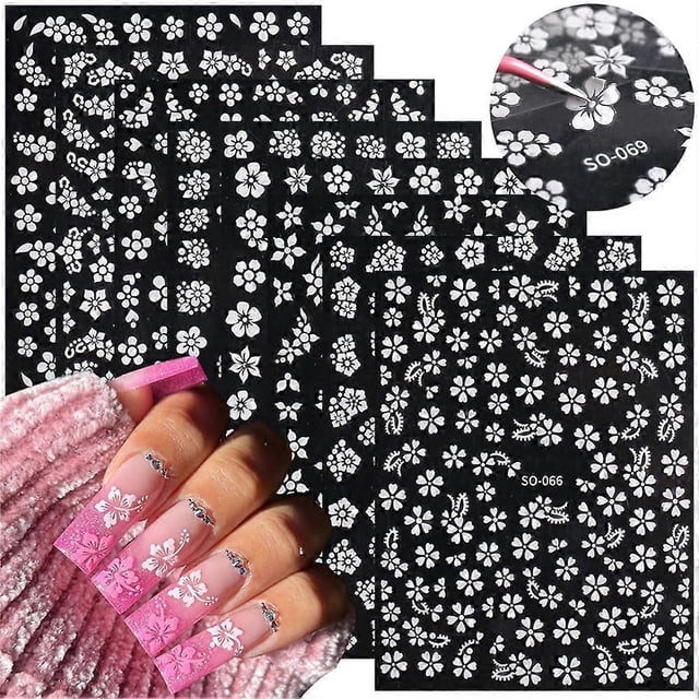 8 Sheets Flowers Nail Stickers - White Flower Nail Decals 3D Self Adhesive Nail Art Supplies White Floral Cherry Blossoms Floret Five